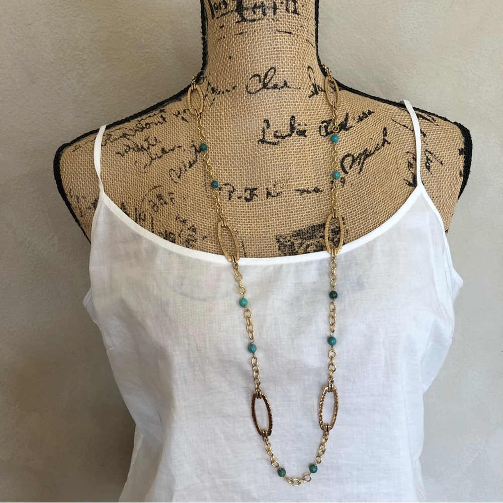 Bares long gold toned hammered hoop stone necklace